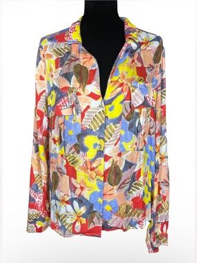 ZARA Abstract Floral Artsy Blouse Multicolor Utility Pockets L